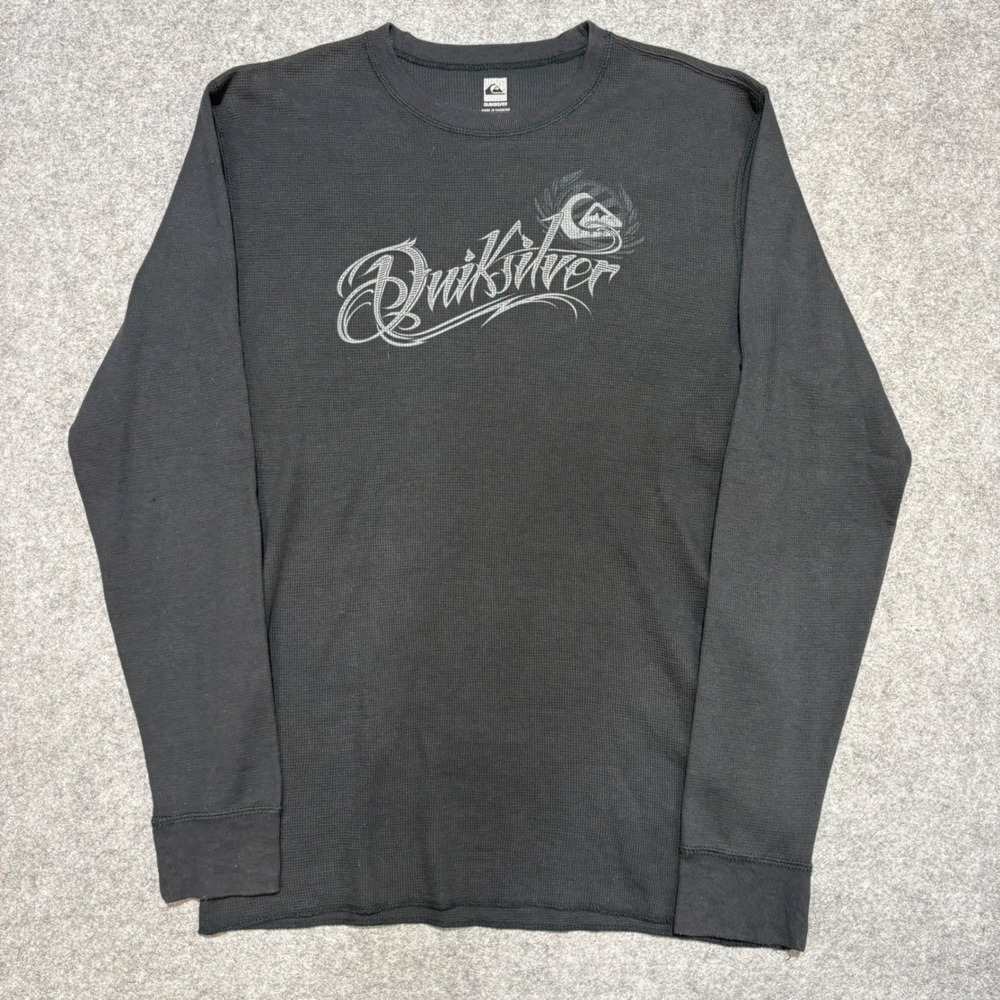 Quiksilver Mens Large Charcoal Gray Waffle Knit Thermal Long Sleeve Graphic Tee